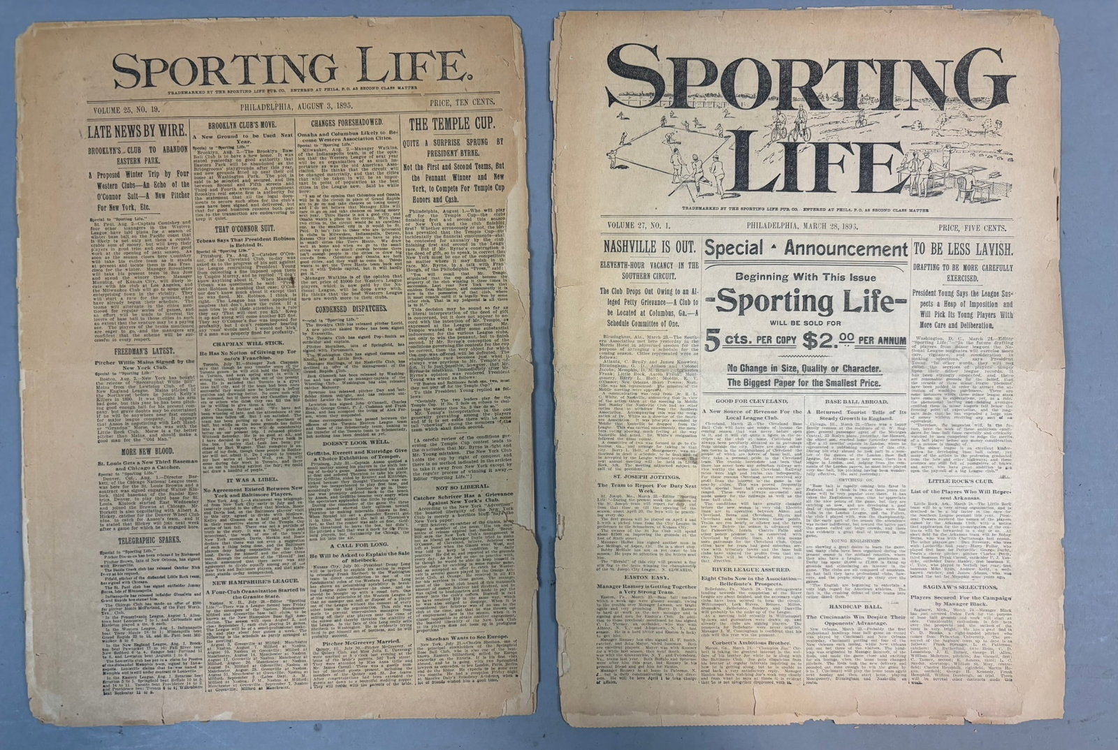 Pair Sporting Life 1895 1896 Baseball Newspaper: PLEASE SEE ALL PHOTOS AND USE THEM AS A BETTER IDEA ON DESCRIPTION! ASK ANY QUESTIONS! PLEASE NOTE WE OFFER IN HOUSE SHIPPING & HAVE BIDDING AVAILABLE ON OUR OWN WEBSITE! If you win on LIVE