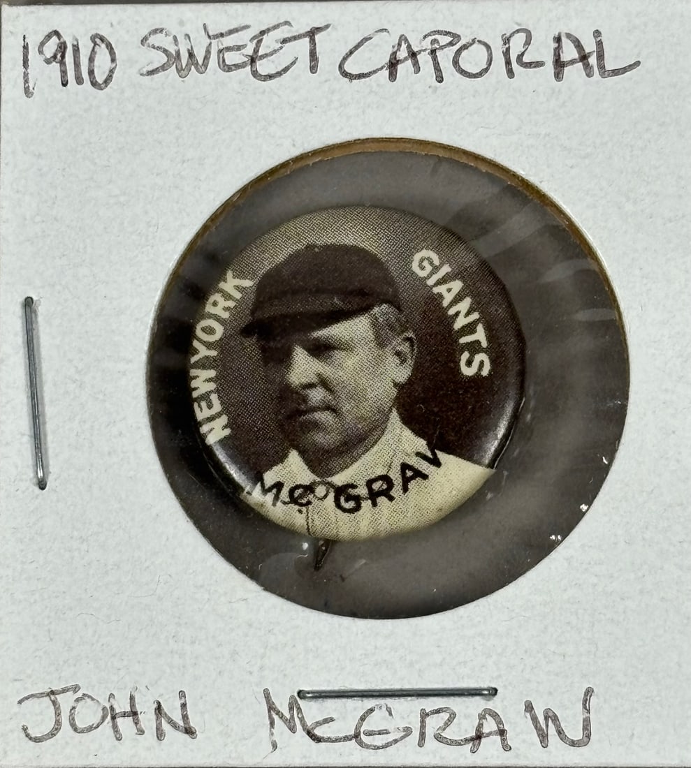 1910 Sweet Caporal John McGraw NY GIANTS Pinback: PLEASE SEE ALL PHOTOS AND USE THEM AS A BETTER IDEA ON DESCRIPTION! ASK ANY QUESTIONS! PLEASE NOTE WE OFFER IN HOUSE SHIPPING & HAVE BIDDING AVAILABLE ON OUR OWN WEBSITE! If you win on LIVE