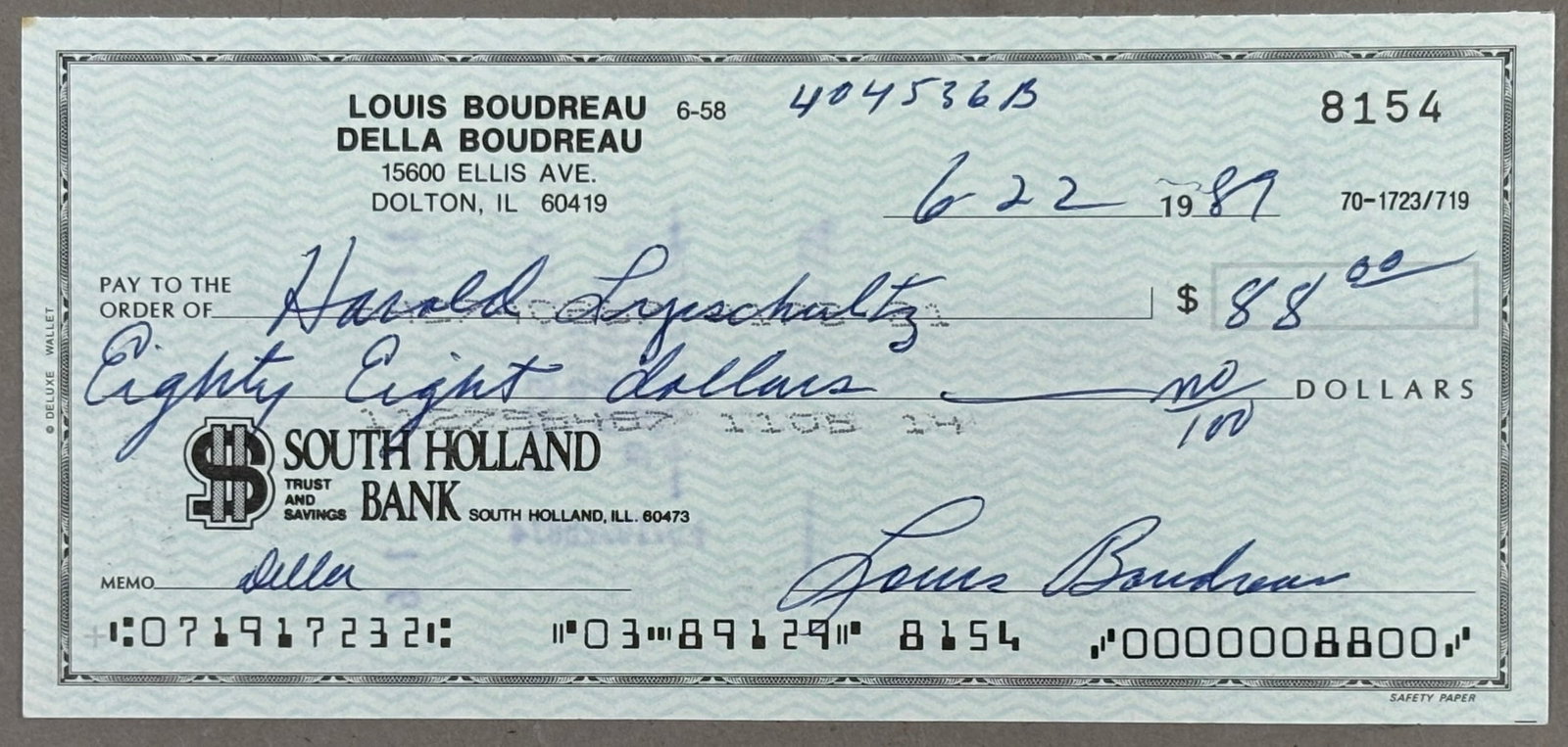 Lou Boudreau Original 1989 Signed Personal Check: PLEASE SEE ALL PHOTOS AND USE THEM AS A BETTER IDEA ON DESCRIPTION! ASK ANY QUESTIONS! PLEASE NOTE WE OFFER IN HOUSE SHIPPING & HAVE BIDDING AVAILABLE ON OUR OWN WEBSITE! If you win on LIVE