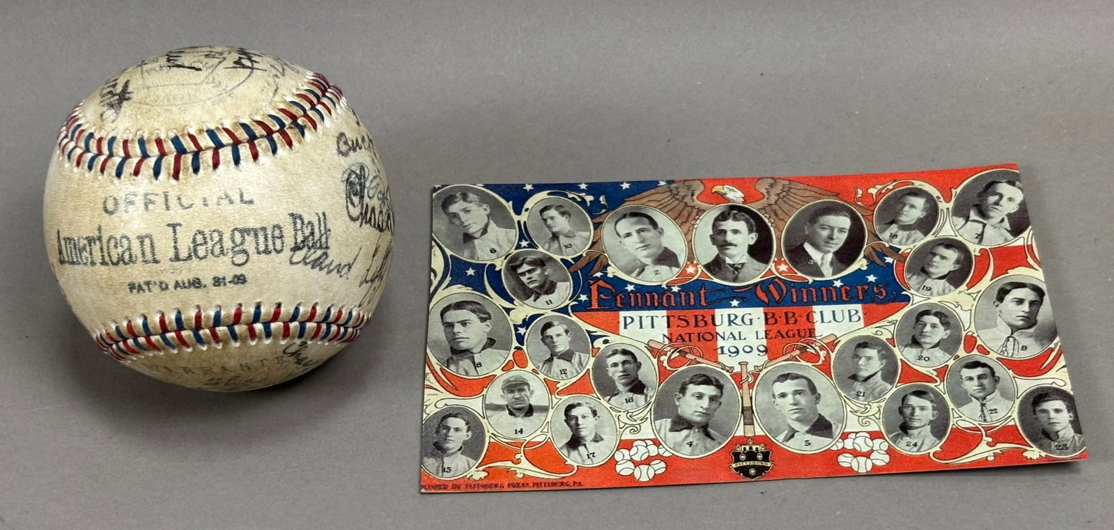 Pair 1909 Pittsburgh Postcard Team Signed Ball: We believe both postcard and signed ball are facsimile or reproduction items. PLEASE SEE ALL PHOTOS AND USE THEM AS A BETTER IDEA ON DESCRIPTION! ASK ANY QUESTIONS! PLEASE NOTE WE OFFER IN HOUSE