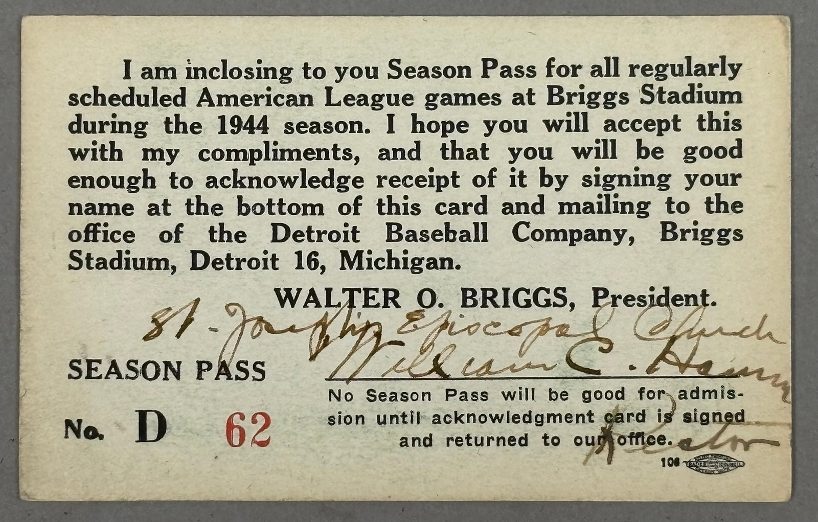 1944 Detroit Tigers Walter O Briggs Season Pass (1 of 3)