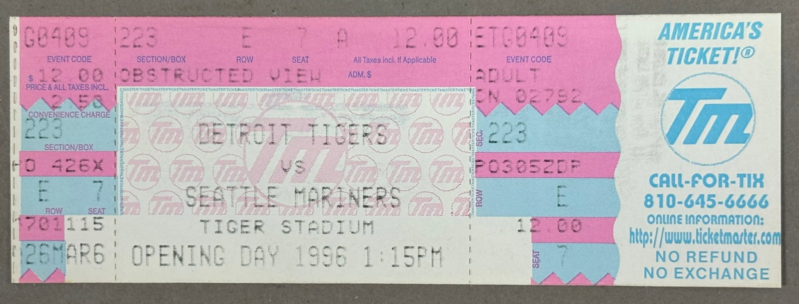 4/9/1996 OPENING DAY TIGERS Vs Seattle Ticket: AROD #6 - TRAMMELL #185 LAST HR! PLEASE SEE ALL PHOTOS AND USE THEM AS A BETTER IDEA ON DESCRIPTION! ASK ANY QUESTIONS! PLEASE NOTE WE OFFER IN HOUSE SHIPPING & HAVE BIDDING AVAILABLE ON OUR OWN