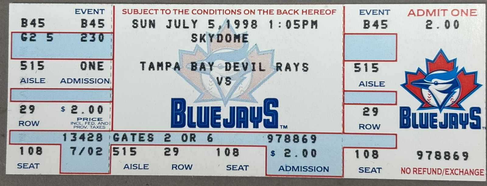 7.5.1998 Tampa Bay Toronto Blue Jays Ticket Stub: PLEASE SEE ALL PHOTOS AND USE THEM AS A BETTER IDEA ON DESCRIPTION! ASK ANY QUESTIONS! PLEASE NOTE WE OFFER IN HOUSE SHIPPING & HAVE BIDDING AVAILABLE ON OUR OWN WEBSITE! If you win on LIVE