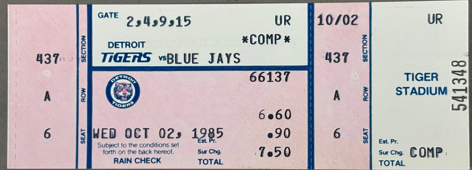 10.2.1985 Tigers vs Blue Jays Ticket Stub: Morris #123, Evans #318 and Gibson #98 - EVANS 40TH - PLEASE SEE ALL PHOTOS AND USE THEM AS A BETTER IDEA ON DESCRIPTION! ASK ANY QUESTIONS! PLEASE NOTE WE OFFER IN HOUSE SHIPPING & HAVE BIDDING