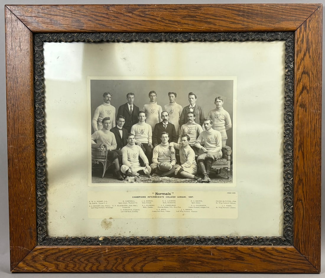 1897 Intermediate League Soccer Cabinet Photo: Great original framed CHAMPIONS of the intermediate college league 1897. PLEASE SEE ALL PHOTOS AND USE THEM AS A BETTER IDEA ON DESCRIPTION! ASK ANY QUESTIONS! PLEASE NOTE WE OFFER IN HOUSE SHIPPING