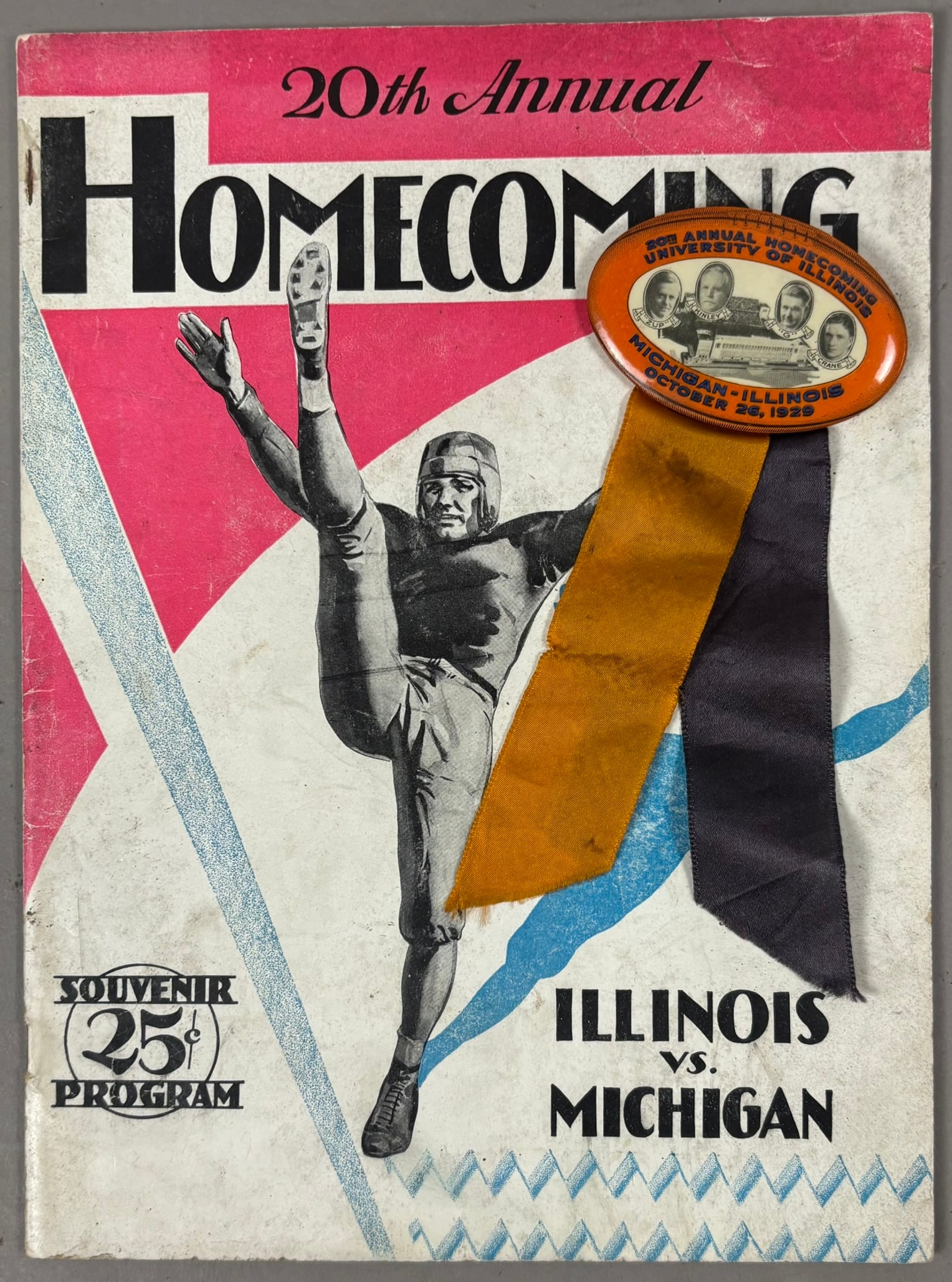 1929 20th Annual MICHIGAN vs ILLINOIS Program Pin: Very rare and hard to find combination! PLEASE SEE ALL PHOTOS AND USE THEM AS A BETTER IDEA ON DESCRIPTION! ASK ANY QUESTIONS! PLEASE NOTE WE OFFER IN HOUSE SHIPPING & HAVE BIDDING AVAILABLE ON OUR