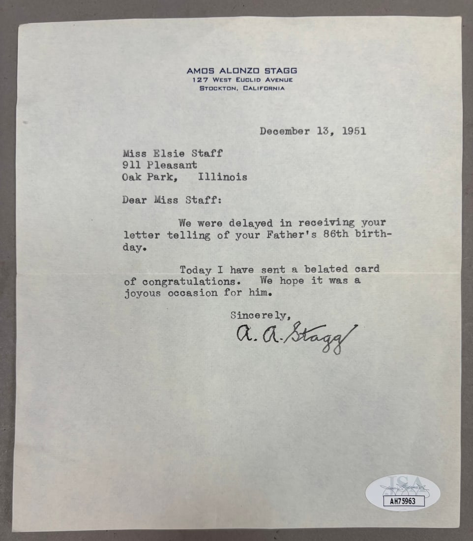 A.A. Stagg Original Signed Letter & Envelope JSA: PLEASE SEE ALL PHOTOS AND USE THEM AS A BETTER IDEA ON DESCRIPTION! ASK ANY QUESTIONS! PLEASE NOTE WE OFFER IN HOUSE SHIPPING & HAVE BIDDING AVAILABLE ON OUR OWN WEBSITE! If you win on LIVE AUCTIONEER