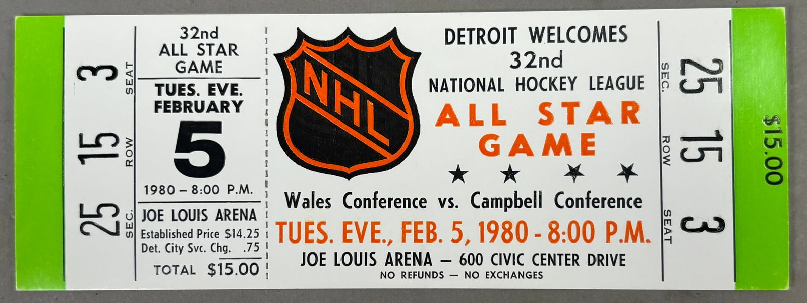 1980 NHL All Star Game Ticket Stub EX+ High Grade: PLEASE SEE ALL PHOTOS AND USE THEM AS A BETTER IDEA ON DESCRIPTION! ASK ANY QUESTIONS! PLEASE NOTE WE OFFER IN HOUSE SHIPPING & HAVE BIDDING AVAILABLE ON OUR OWN WEBSITE! If you win on LIVE AUCTIONEER