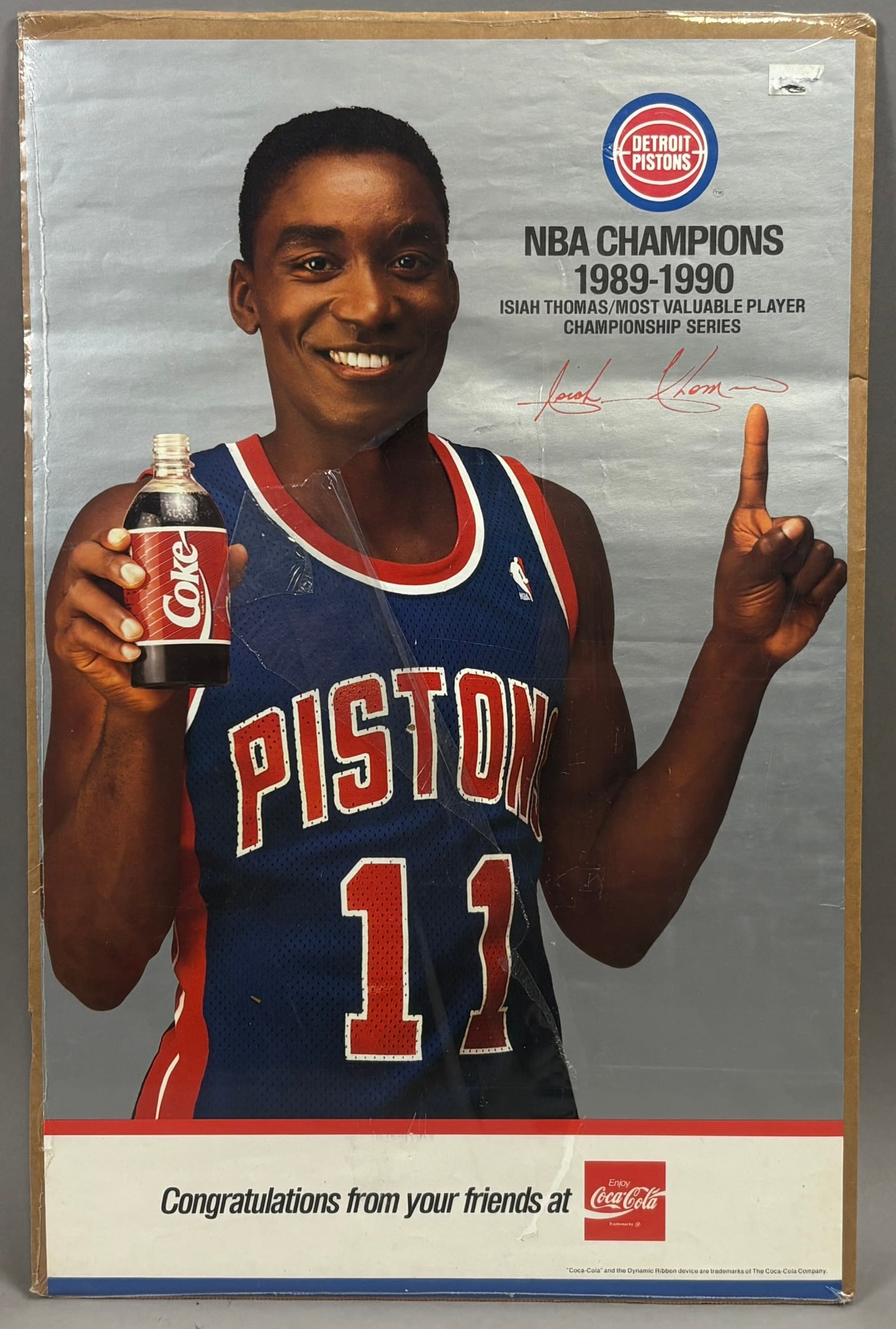 1989-90 Detroit Pistons NBA Champions Coke Poster: PLEASE SEE ALL PHOTOS AND USE THEM AS A BETTER IDEA ON DESCRIPTION! ASK ANY QUESTIONS! PLEASE NOTE WE OFFER IN HOUSE SHIPPING & HAVE BIDDING AVAILABLE ON OUR OWN WEBSITE! If you win on LIVE