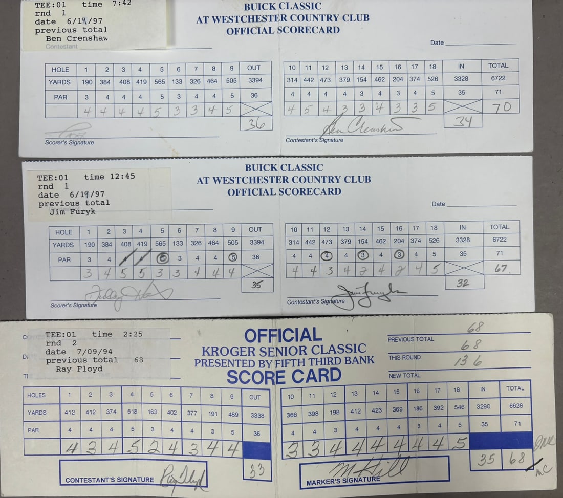 Lot 3 Buick Classic Country Club Signed Scorecard: Jim Furyk, Ray Floyd, & Ben Crenshaw. PLEASE SEE ALL PHOTOS AND USE THEM AS A BETTER IDEA ON DESCRIPTION! ASK ANY QUESTIONS! PLEASE NOTE WE OFFER IN HOUSE SHIPPING & HAVE BIDDING AVAILABLE ON OUR OWN