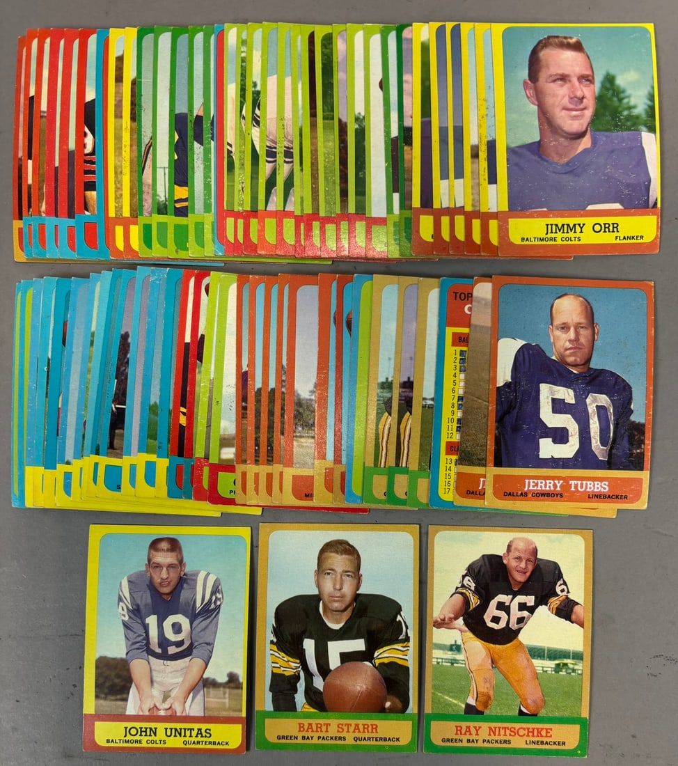 1963 Topps Partial Football Lot Set NITSCHKE 5: CARDS AS FOLLOW: 1, 3, 7, 8, 10, 10, 11, 13, 19, 25, 26, 28, 29, 29, 31, 32, 32, 33, 34, 35, 36, 38, 38, 41, 46, 47, 55, 56, 60, 61, 63, 64, 69, 70, 76, 80, 83, 85, 86, 90, 91, 91, 91, 96, 97, 98,