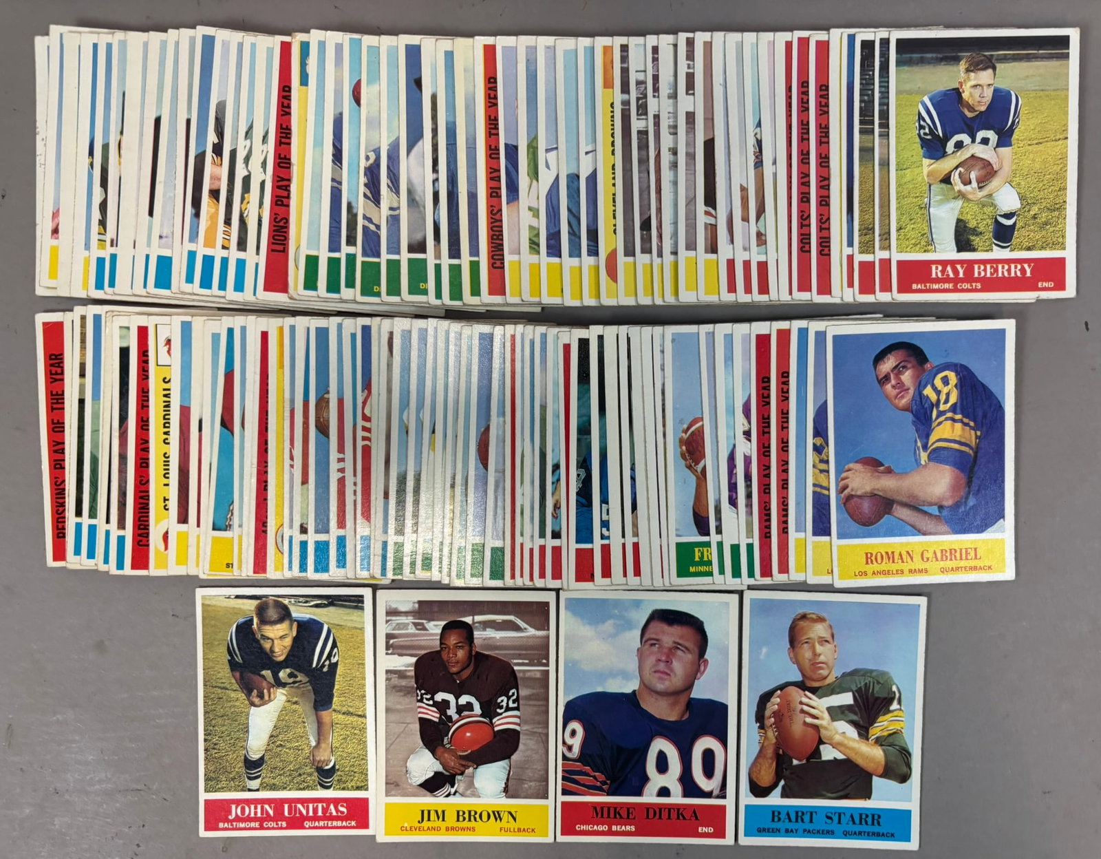 1964 Philadelphia Football Card Partial Set Unitas: ISA GRADED CARDS AS FOLLOWS: #12 Unitas 6 EX-MT#17 Ditka 7 NM#30 Brown 6 EX-MT#79 Starr 6 EX-MT1, 2, 5, 8, 12, 13, 14, 14, 14, 15, 17, 21, 25, 26, 31, 32, 33, 34, 37, 38, 41, 45, 46, 47, 50, 54, 56,