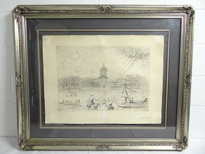 Salvador Dali ACADEMIE DES BEAUX ARTS PARIS Signed Etching Limited Edition: Salvador Dali ACADEMIE DES BEAUX ARTS PARIS Signed Etching Limited Edition" drypoint etching pencil signed and numbered by Salvador Dali. The image captures a serene scene of people on boats in front