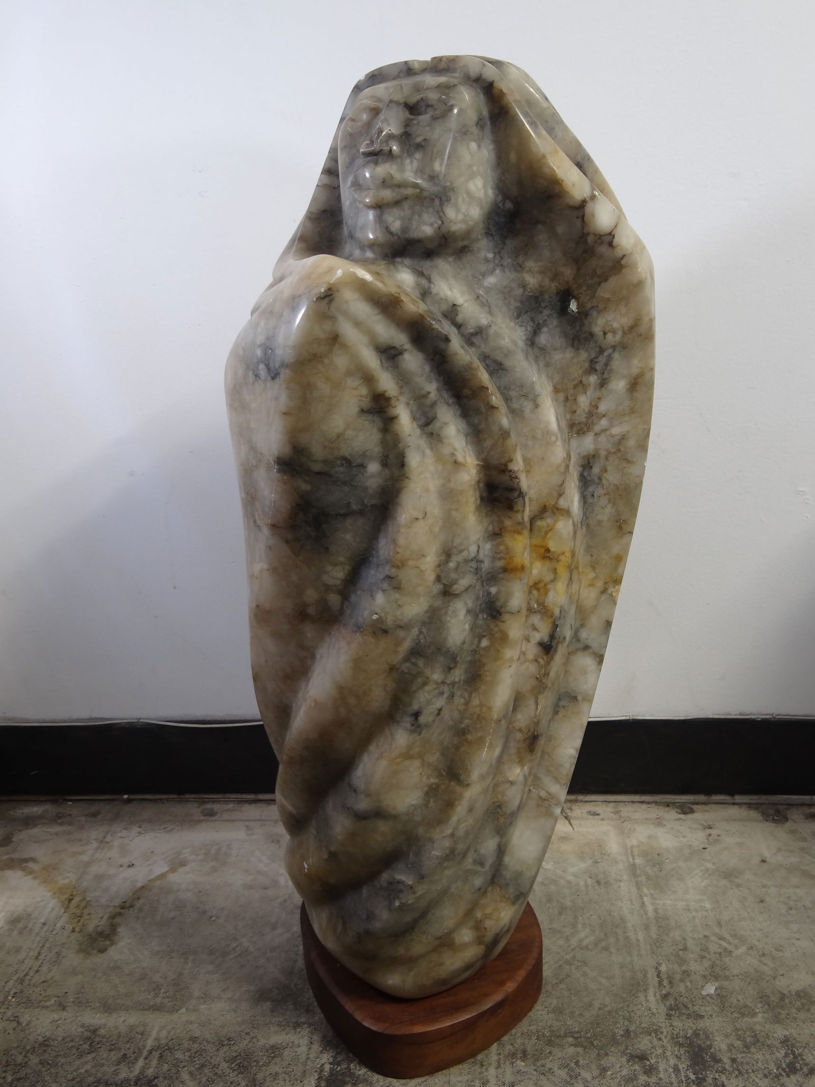 Bruce LaFountain Native American Marble Sculpture: Native American Marble Sculpture created by Burce LaFountain in 20th century in year 1992.Sculpture is Signed by the creator. It is over 200lb Deminsions are 31"tall 15"wide 12"deep. With wooden base.