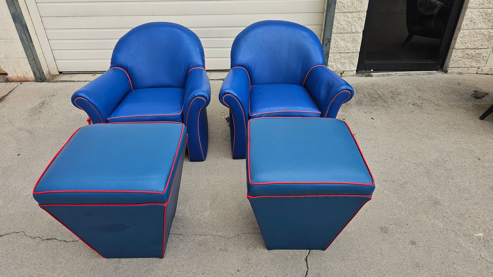 Mid Century Armchairs With Ottomans Blue with Red Lines (1 of 5)