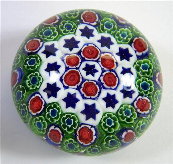Murano Milifori Blue Star: Murano Milifori Blue Star w/ Red & Green Flowers 3" dia x 2 1/4" deep