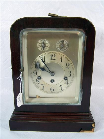 Key wind clock - Germany: Key wind clock - Germany - B13 Ungham - Chime silent - 3 dials - 3 key wind - works key - beveled glass - chimes 13 1/2 - 710 - needs wood working