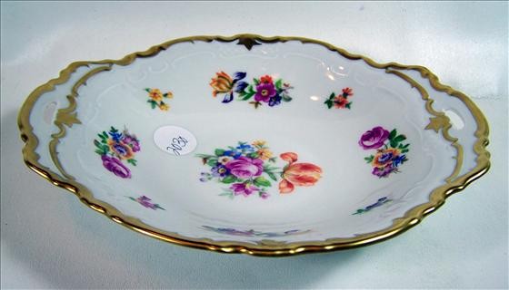Open handle bowl - Made in German: Open handle bowl - Made in German - Democratic republic - 8" by 9 1/2" gold trim colored flowers