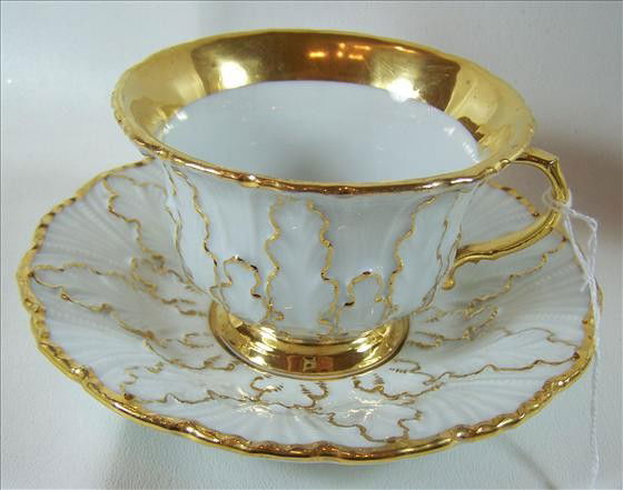 Cup and Saucer Meissen mark: Cup and Saucer Meissen mark blue cross swords - white with gold trim - 3" cup - 6" saucer