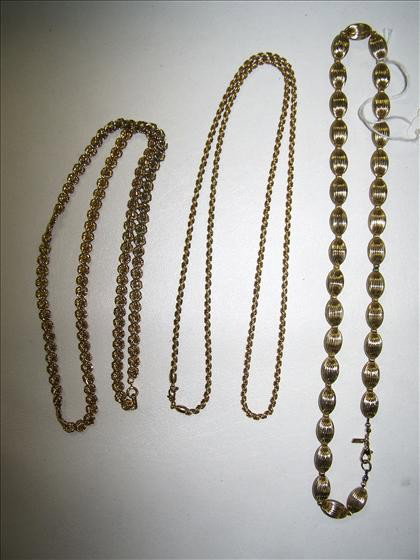3 gold tone necklaces: 3 gold tone necklaces - 1 marked - 20" to 34" long - balls and braids 1 marked - Alabaster