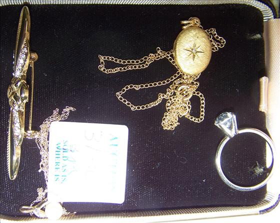 4 pc - pin, pendant & chain - locket & chain: 4 pc - bar pin pearl pendant and chain - locket & chain with stones and ring - could be gold & diamond chips