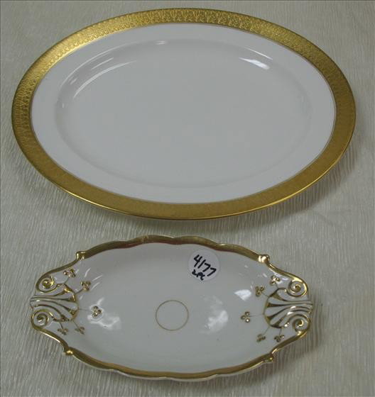 2 pc - Oval Platter & Small Oval Bowl: 2 pc - Oval Platter & Small Oval Bowl, White w/Gold, Derby China St. George, Haviland Limoges