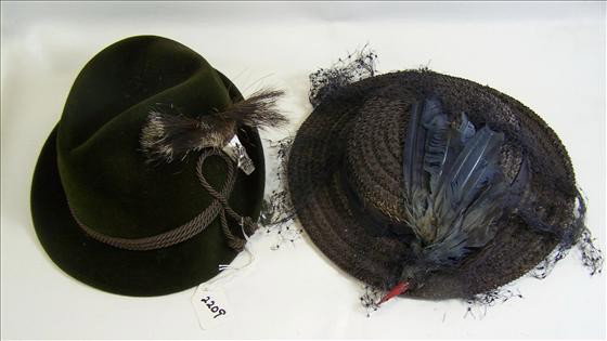 2 antique hats: 2 antique hats - Ladies straw with feathers and celloiud points - man's - Luraitt - Swiss Alpine - Switzerland - with feathers in deer case
