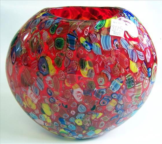 Murano Glass - Vase - flat round: Murano Glass - Vase - flat round vase - millefiori red back multi colored designs - 11 1/2"