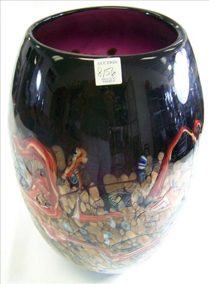 Murano Glass - Large vase: Murano Glass - Large vase - purple with gold and multi colored millefiori pieces - 17" by 7" - heavy large vase