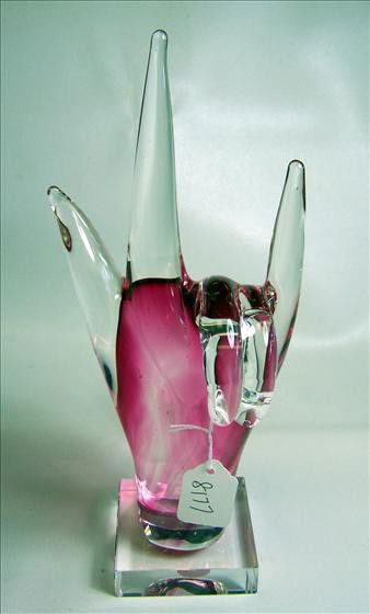 Murano Glass - Ring holder: Murano Glass - Ring holder - hand shaped rose color to clear - 11 1/2" tall square base