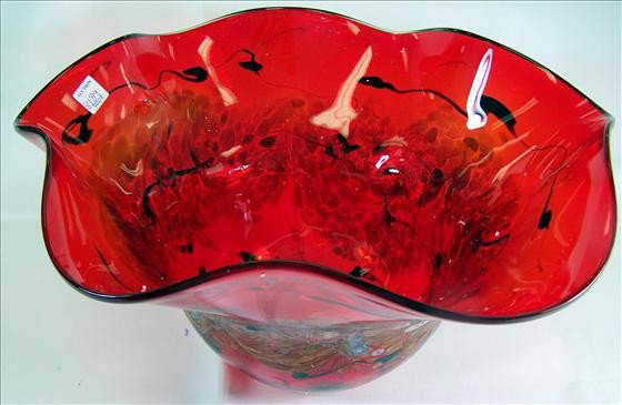 Murano Glass - Large vase/bowl: Murano Glass - Very large vase/bowl - red with multi colored and gold flakes - ruffled - 20" by 11"