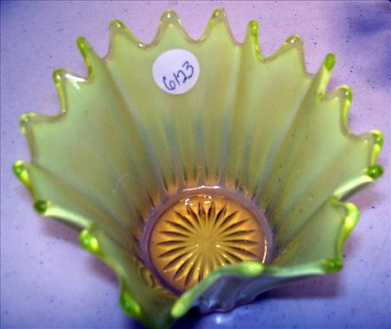 Yellow opal fluted shaped bowl: Yellow opal fluted pointed handkerchief shaped bowl star bottom - 4 3/4"