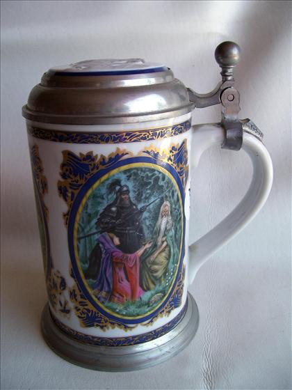 W. Germany stein - Heinrich: W. Germany stein - Heinrich - Villeroy and Boch - Richard Wagner - Parsifal - limited 10000 - inlaid top of man and ball thumb lift - 7"