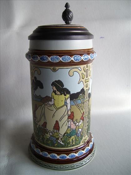 German stein - Mettlach marked: German stein - Mettlach marked - Brothers Grimm 7 dwarfs - red riding hood - frog prince - snow white - #2901 7 1/2" inlaid lid - Grimm brothers picture inside lid