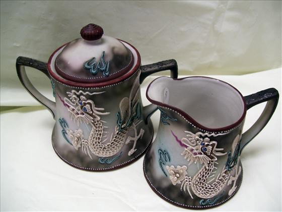 Creamer and sugar - Dragon ware: Creamer and sugar - Dragon ware - Hand painted Japan - Embossed Star mark and green and orange mark - 4 - 5 1/4" clean - excellent - condition -