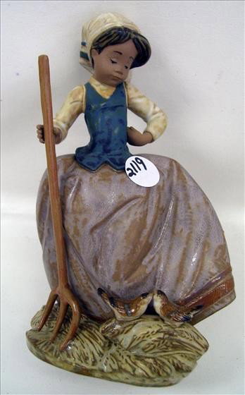 Lladro 1987 - girl with pitch fork: Lladro 1987 - girl with pitch fork and 2 birds at the bottom - 10"brown and blue in color