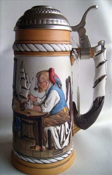 Norman Rockwell stein: Norman Rockwell stein - For a good boy - Limited - #8.033 - 1981 - bisque - ship building - 10" metal raided lid