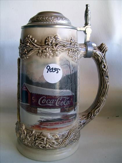 Coca cola stein - 1997: Coca cola stein - 1997 - covered bridge scene - Cornell Importers - 8 1/4" metal raised lid - coke bottle thumb lift