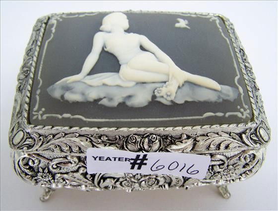 Silver - tone Musical Trinket Box: Silver - tone Musical Trinket Box - Jasperware - like lid - Lounging Woman w/Bird 4" x 2 1/2"