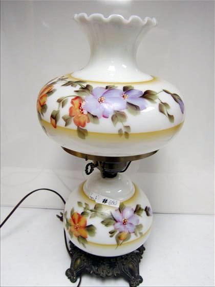 Electric gone with the wind lamp: Electric gone with the wind lamp - purple and gold flowers glass shade on with background brass base 20"