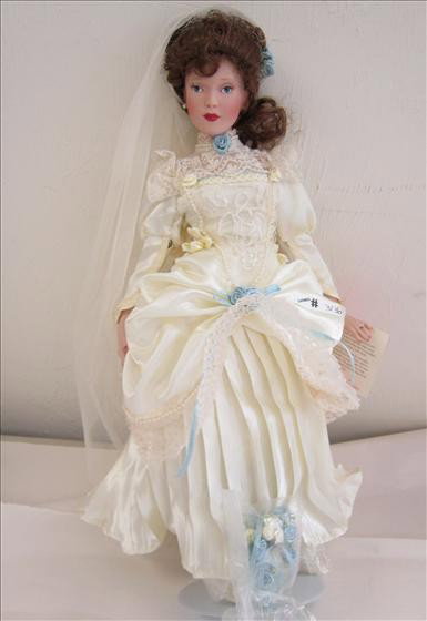 Paradise Galleries doll: Paradise Galleries doll - Rose Victorian bride by Patricia Rose - #C105 - 17" with stand blue flowers and trim satin gown NIB/COA