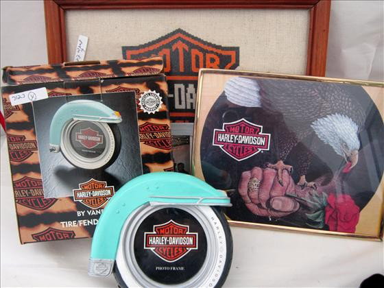 3 pc Harley Davidson - cross - stitch picture: 3 pc Harley Davidson - cross - stitch picture - framed picture with eagle - Harley fender and wheel picture frame with box