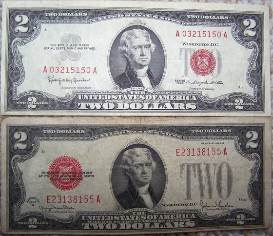 2 $2 Dollar Bills - 1928 & 1963: 2 $2 Dollar Bills - 1928 G Red Seal & 1963 Red Seal