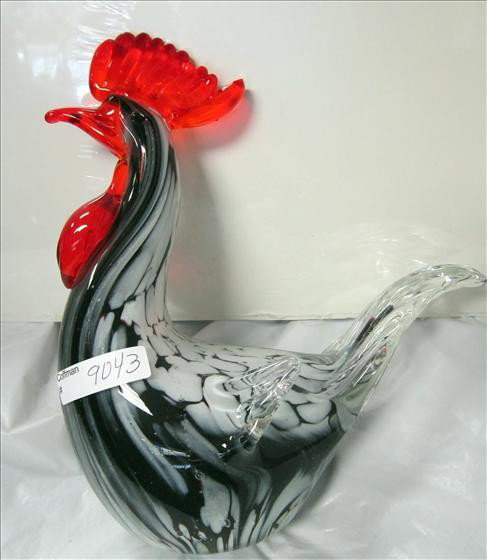 Murano - Chicken: Murano - Chicken - black and white striped and spotted with red head - 8 3/4"