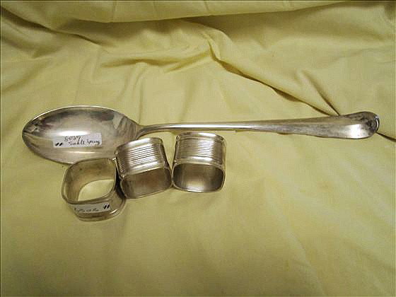 4 pc silver plate: 4 pc silver plate - 3 napkin rings square ribbed design - large serving spoon - Raimand Italy - 13 long one pc - no pattern