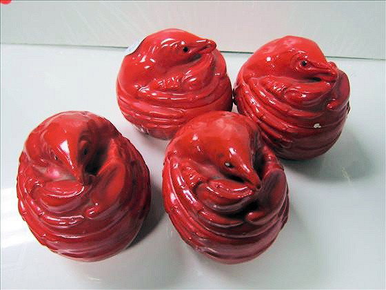 4 lobster bowls with lids: 4 lobster bowls with lids - lobster shaped - Made in Czechoslovakia 4 by 3 1/2 - 1 small ding