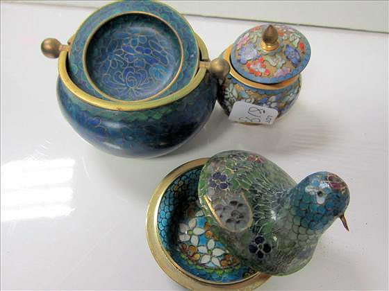 3 pc cloisonné metal bird is glass: 3 pc cloisonné e metal and bird is glass - multi colored with gold trim - 2"