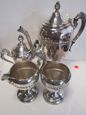 4 pc tea set - Silver on Copper: 4 pc tea set - Silver on Copper - hallmarks - M fleur d lee and W with crown - flower and scroll design