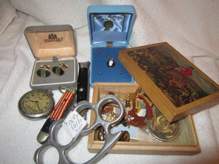 Lot necklace earrings cufflinks: Assorted lot - wood box necklace earrings cufflinks - knuckle belt buckle pocket watch metals - pocket knives