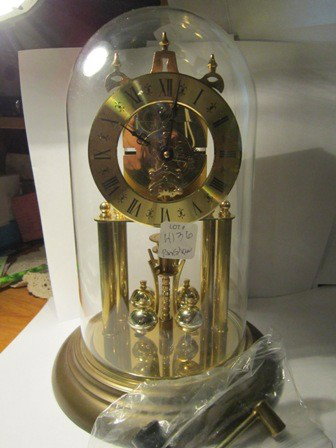 Anniversary clock glass brass: Anniversary clock glass brass - Elgin Made in Germany - working - S.Haller1 jewel unadjusted with crank12"